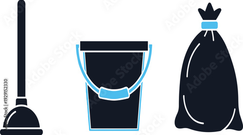 Cleaning Equipment Icon Vector Set with Plunger, Mop Bucket, and Garbage Bag for Household Sanitation, Janitor Service, and Hygiene Design.