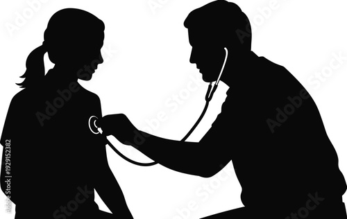 Doctor examining patient silhouette with stethoscope, medical checkup consultation isolated on white background vector illustration
