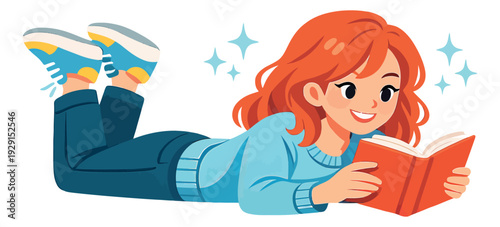 Modern flat illustration of a young woman depicting her reading a book while lying down for leisure and education