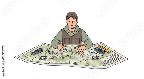 Man planning a trip on a map.
