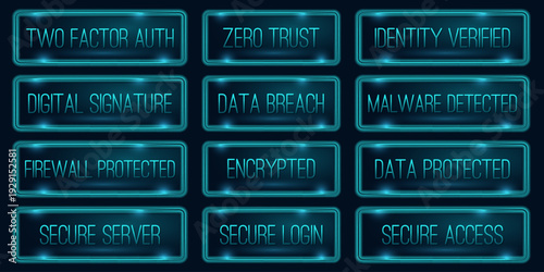 Cyber Security Neon Stamp Collection Vector Set. Button Icons. UI UX design. Cyber Security Concept. Futuristic, Digital, Blue Tech.