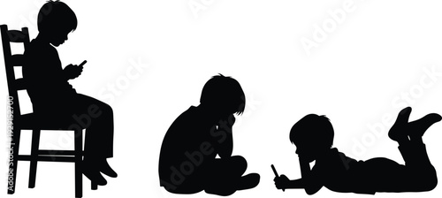 Black silhouettes of children using smartphones kids