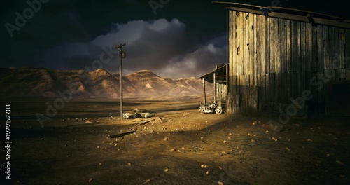 Deserted rural area featuring weathered buildings and open fields, Neglected countryside location with dilapidated structures and vast open terrain