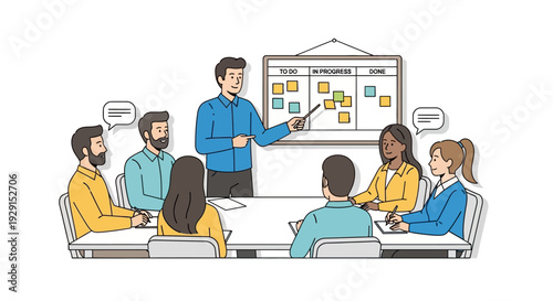 Man presenting to colleagues in meeting room.