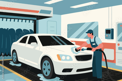 Cartoon illustration of worker washing white sedan with hose and sponge at automated car wash facility, brushes and equipment in background, vibrant scene highlighting automotive care and cleanliness.