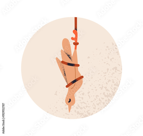 Helpless victim symbol. Hopeless trapped captured bird hanging upside down, tied with rope. Prey suffering from cruelty, violence. Concept flat vector illustration isolated on white background