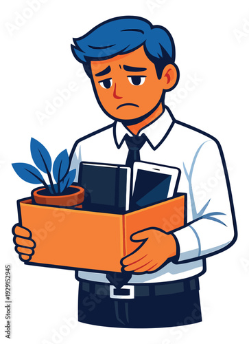 Line art illustration of a sad employee depicting job termination for employment issues
