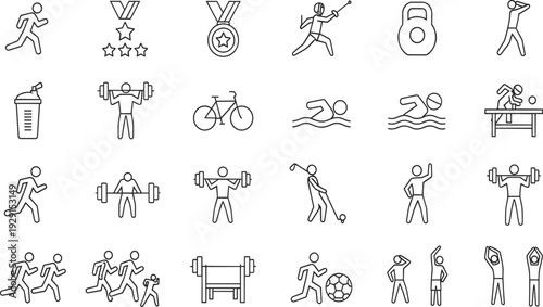 Athletic, sports, and, fitness, icons, set, featuring, training, competition, exercise, gym, workout, health, activity, equipment, achievement, victory, wellness, lifestyle, collection.