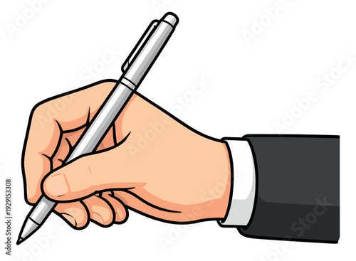 Cartoon illustration of a hand holding a pen depicting writing for business and office