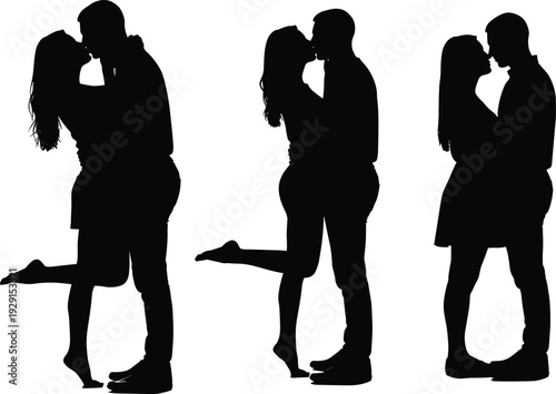 Black silhouettes of couples kissing in three different poses