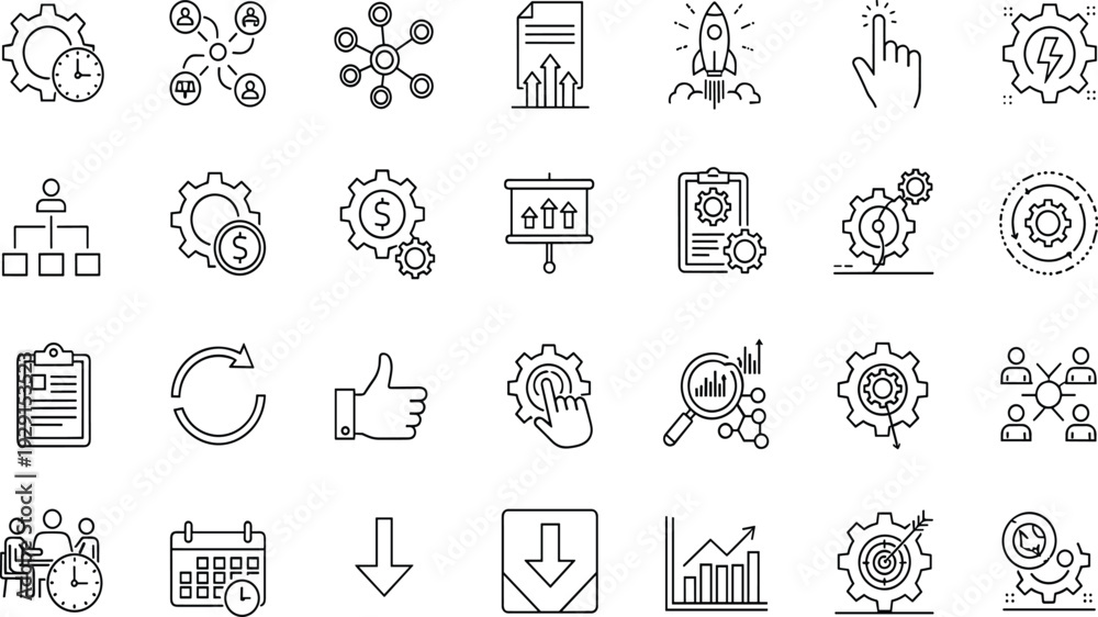 Fototapeta premium Business, management, and, strategic, planning, icons, set, featuring, gears, teamwork, progress, charts, timing, financial, growth, success, organization, corporate, workflow, collection.