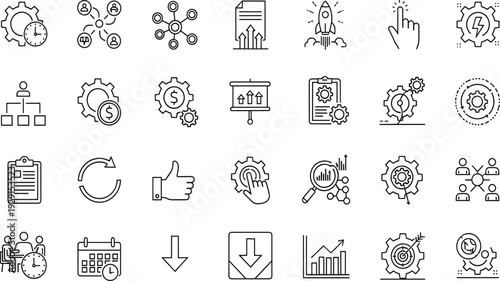 Business, management, and, strategic, planning, icons, set, featuring, gears, teamwork, progress, charts, timing, financial, growth, success, organization, corporate, workflow, collection.