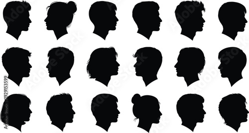 Black silhouettes of people heads in profile