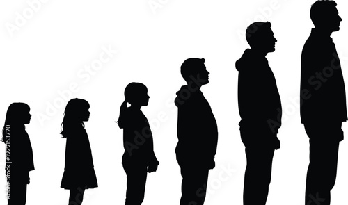 Black silhouettes of people in a line from child to children adults family