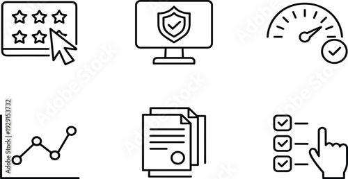 Business performance icon set with star rating, security monitor, speed optimization, data graph and checklist
