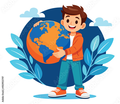 Flat illustration of a boy depicting environmental care for sustainability concept