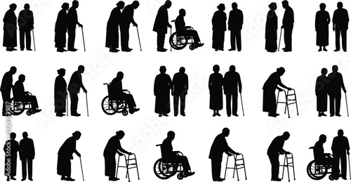 Set of elderly person silhouettes with mobility aids including wheelchairs, walkers, canes, and electric scooters for senior care and accessibility.