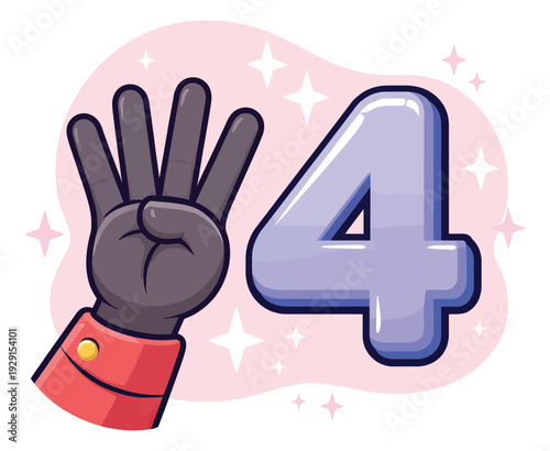 Cute cartoon illustration of a hand and number four depicting counting for education