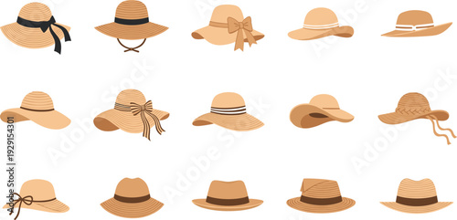Straw Summer Hat Vector Collection with Wide Brim Beach Hats, Ribbon Decor and Stylish Sun Protection Accessories Set