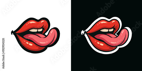 Cartoon red lips sticking out tongue with bold outlines for t-shirt print