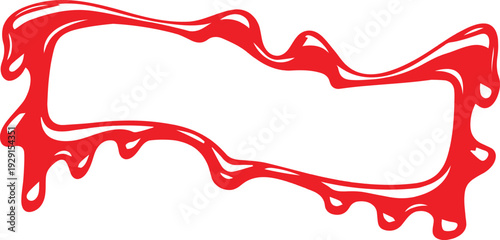 A vibrant red dripping paint blob frame creates an abstract border on a clean white background.