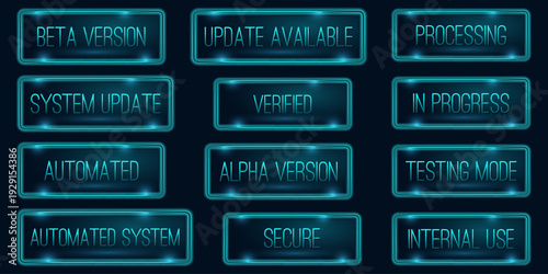 Software System Status Neon Stamp Collection Vector Set. Button Icon. UI UX design. Futuristic, Digital, Blue Tech. Vector illustration.