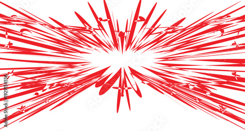 An energetic abstract red explosion of radial lines bursts outwards from a central white point.