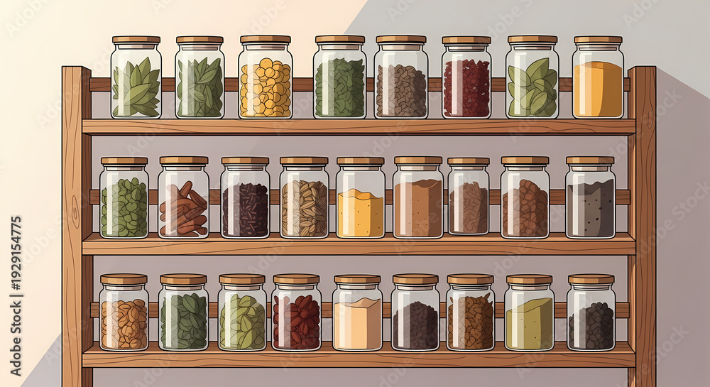 custom made wallpaper toronto digitalA clean digital illustration of various colorful spices and dried herbs neatly organized in numerous glass jars on a three-tiered wooden rack, earthy display against a soft background.
