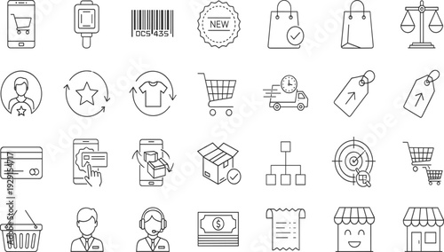 E-commerce, and, online, shopping, icons, set, featuring, retail, store, delivery, cart, payment, sales, marketing, digital, commerce, business, mobile, boutique, collection.
