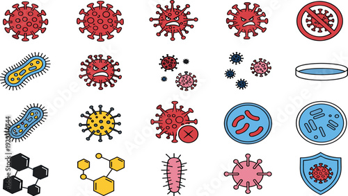 Medical Virus and Bacteria Icon Vector Set with Petri Dish, Molecular Structure, Microbes, and Infection Symbols for Healthcare and Microbiology Design.