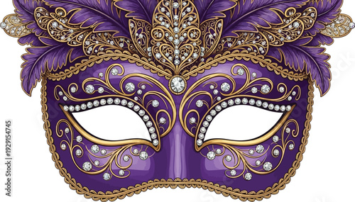 A lavish purple masquerade mask adorned with gold and diamonds on a white background