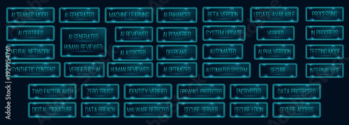 Futuristic Tech Neon Stamp Collection – AI, Cyber Security and Software Vector Set. Button Icon. UI UX design. Futuristic, Digital, Blue Tech. Vector illustration.