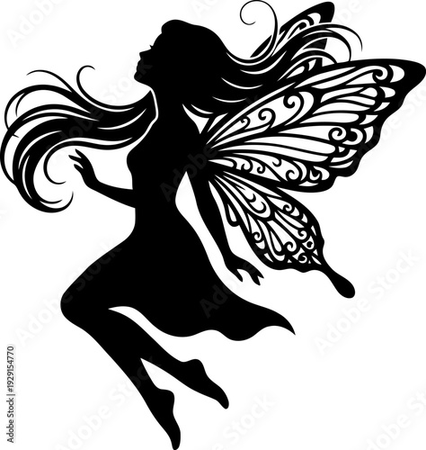A fairy with wings silhouette vector on transparent background.