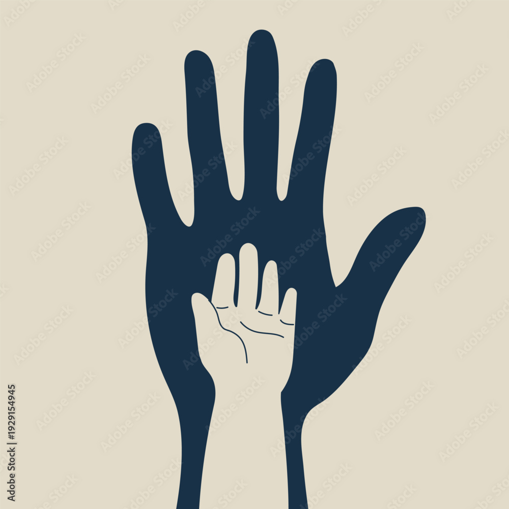 Obraz premium Two open hands: adult and child's hand. Concept of children's rights, family, protection. Vector illustration, flat design