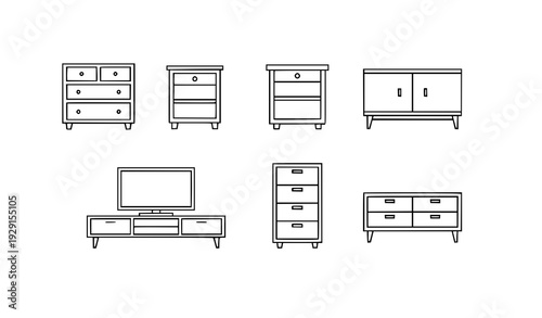 Interior Storage Furniture Outline Icons Chest Dresser Nightstand TV Stand Vector