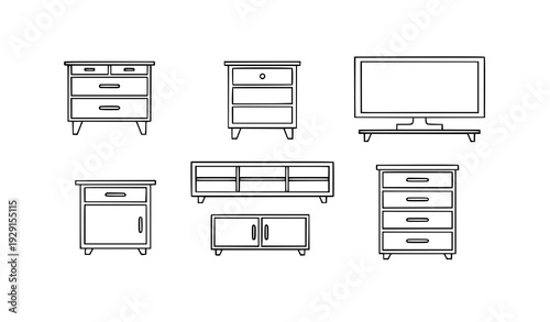 Minimal Storage Furniture Line Art Icons Dresser Bedside Table TV Console Vector Set