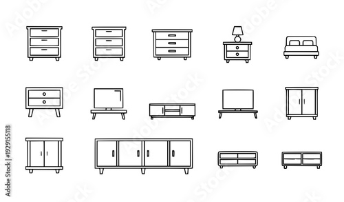 Storage Furniture Outline Icon Set Chest of Drawers Bedside Table TV Stand Linear Vector