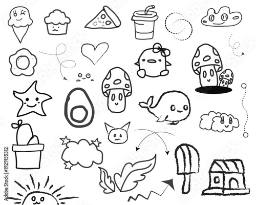 A collection of cute cartoon doodles featuring food animals and objects