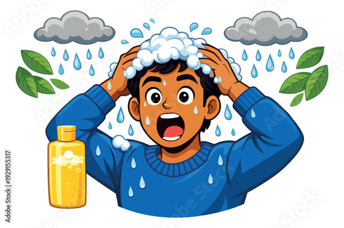 Cartoon illustration of a young man depicting washing his hair with shampoo in the rain for natural hair care