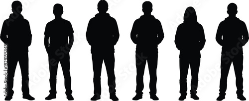 Black silhouettes of six people standing white background