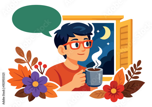 Flat design illustration of a young man depicting a relaxing autumn night with a hot drink for the fall season