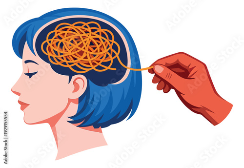 Vector illustration of a woman's head and brain depicting a hand untangling chaotic thoughts for mental health concepts