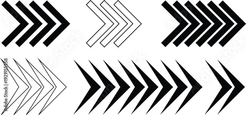 Set of dynamic black and white arrows moving forward vector illustration flat design scalable graphic
