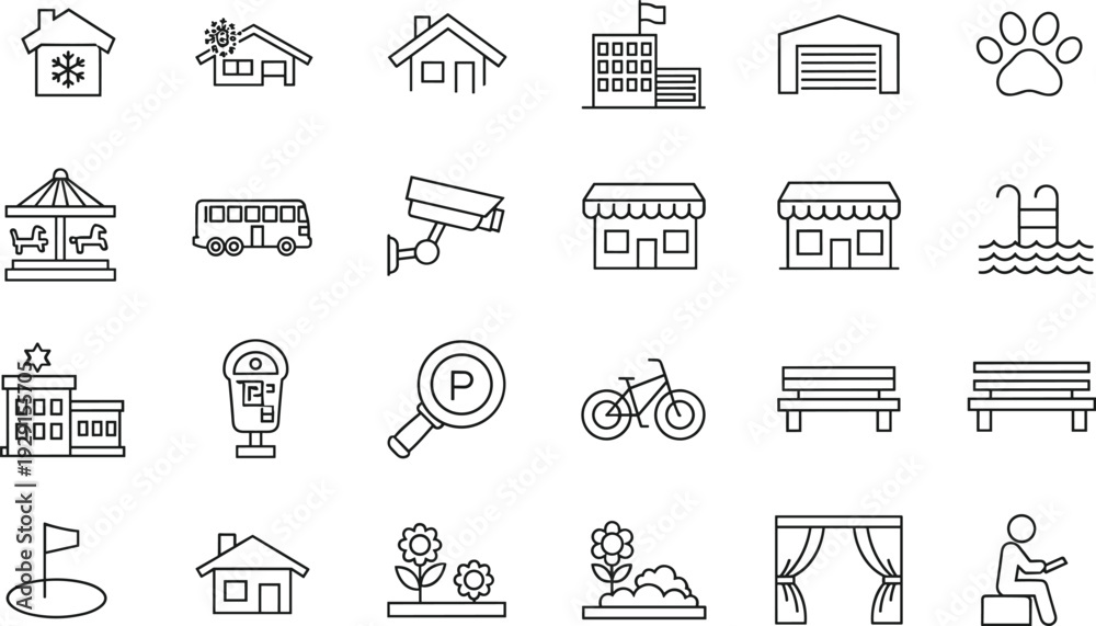 Fototapeta premium Home, lifestyle, building, and, urban, icons, set, featuring, houses, real, estate, architecture, security, furniture, transportation, leisure, gardening, decoration, and, neighborhood.