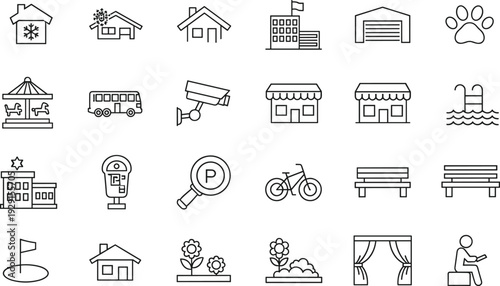 Home, lifestyle, building, and, urban, icons, set, featuring, houses, real, estate, architecture, security, furniture, transportation, leisure, gardening, decoration, and, neighborhood.