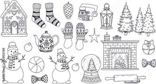 Christmas Winter Holiday Vector Collection featuring Snowman Gingerbread House Fireplace Socks Mittens Pine Trees Ornaments and CAD Drawing Flat Vector Illustration