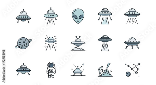 Unveiling the Cosmos A Futuristic Collection of Alien, UFO, and Space Exploration Icons – Modern Vector Graphics for Sci-Fi Themes