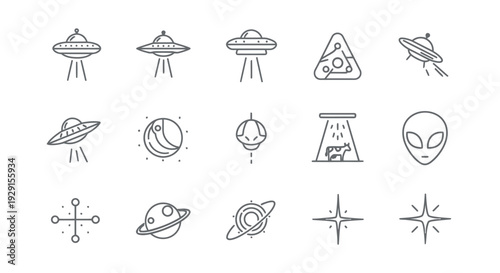 Cosmic Alien and UFO Vector Icon Set for Space Exploration and Science Fiction Themes - Minimal Outline Graphics for Futuristic Digital Design