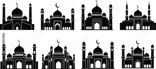 Black silhouettes of various mosques with domes and minarets on white background crescent moon