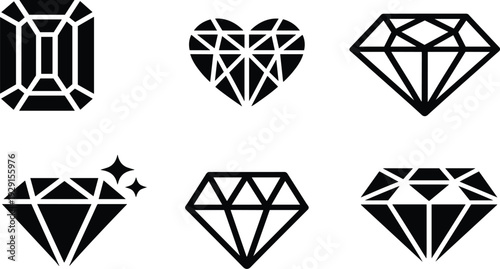 Luxury gemstone icon set with emerald cut diamond, heart shaped jewel and sparkling crystal precious stones